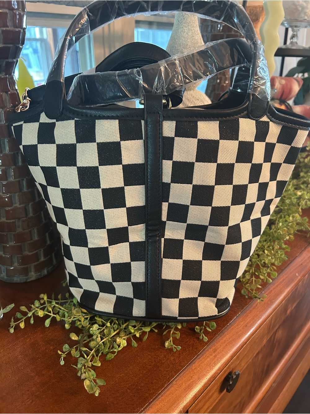 Black & White Checker Purse Bag with Lock Accent - Picture 4 of 5